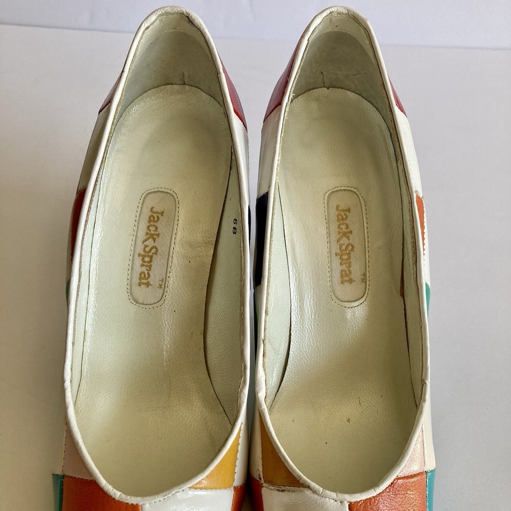 Vtg Jack Sprat Rainbow Harlequin Mod Patchwork Pumps Leather Size 6B Colorblock - Picture 12 of 16